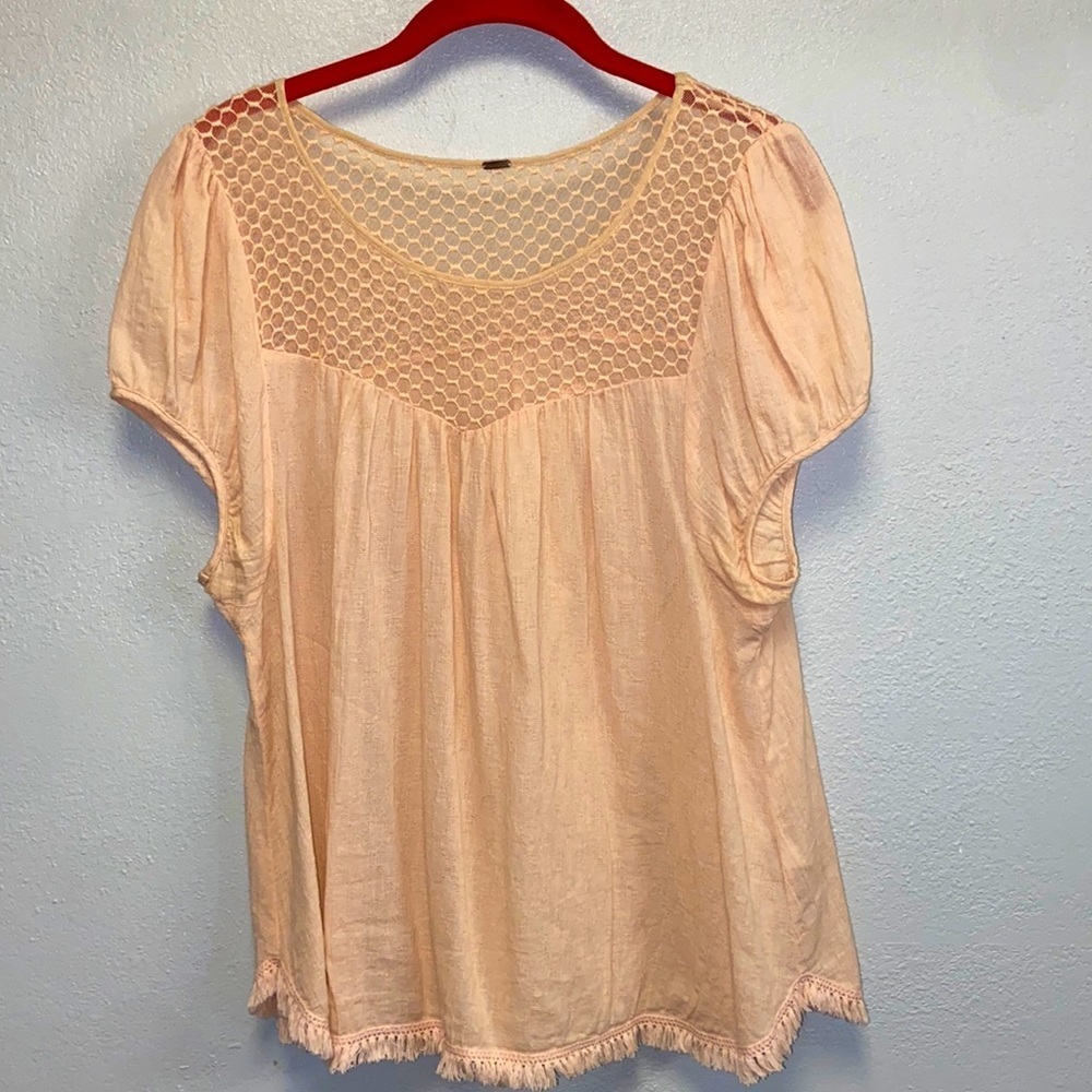 Free People Peach BoHo Fringed Hem Honeycomb Yoke Top 4367